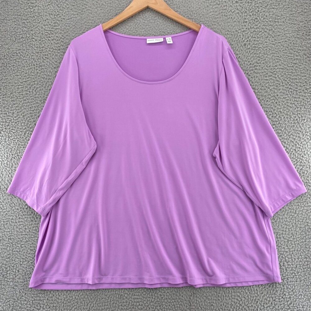 Susan Graver Top Womens 28W Plus Purple Liquid Knit 3/4 Sleeve Stretch Pullover